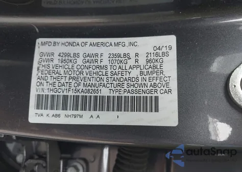 2019 Honda Accord Lx from USA, damaged, VIN 1HGCV1F15KA082651